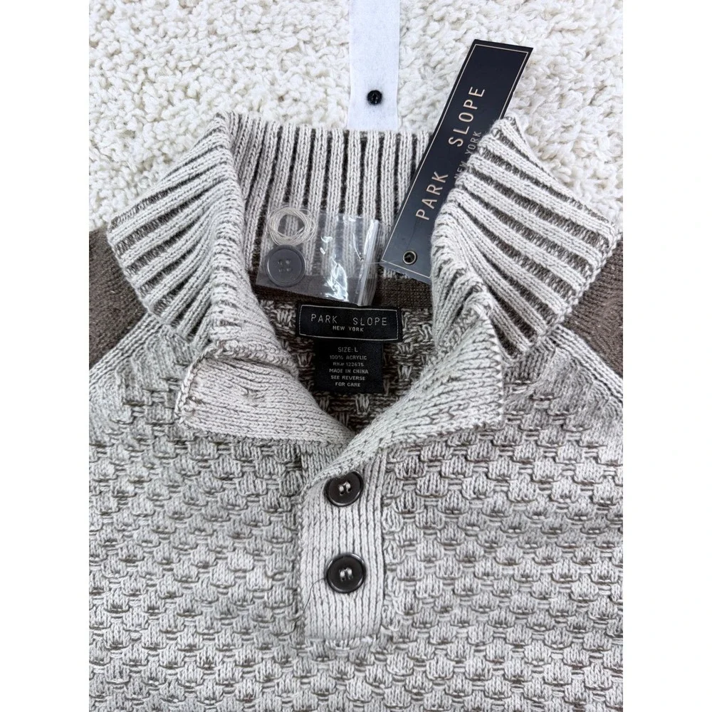 Park Slope Mock Neck Sweater Mens Large Brown Tan NEW Button Textured Pullover